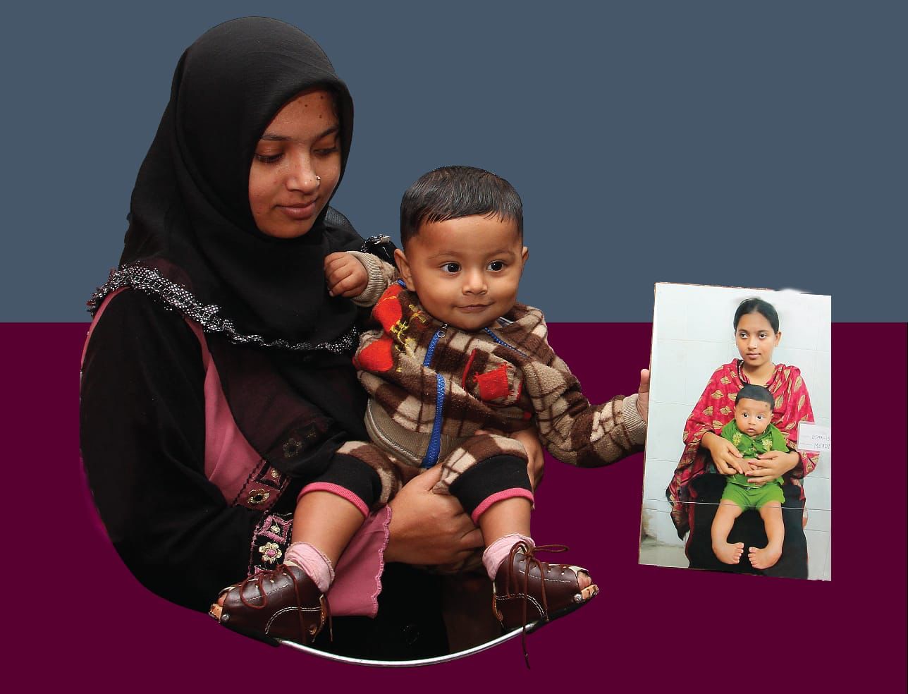 A mother holding her child fitted with corrective braces